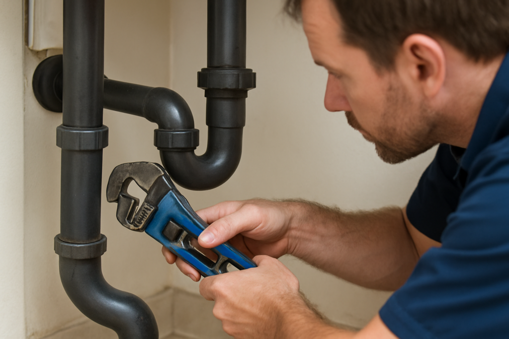 Plumber performing preventive maintenance beneath a sink