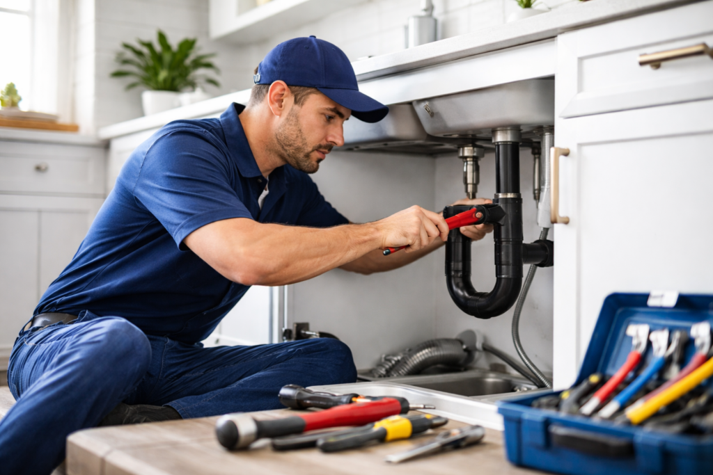 Plumber repairing pipes beneath a kitchen sink in Honolulu