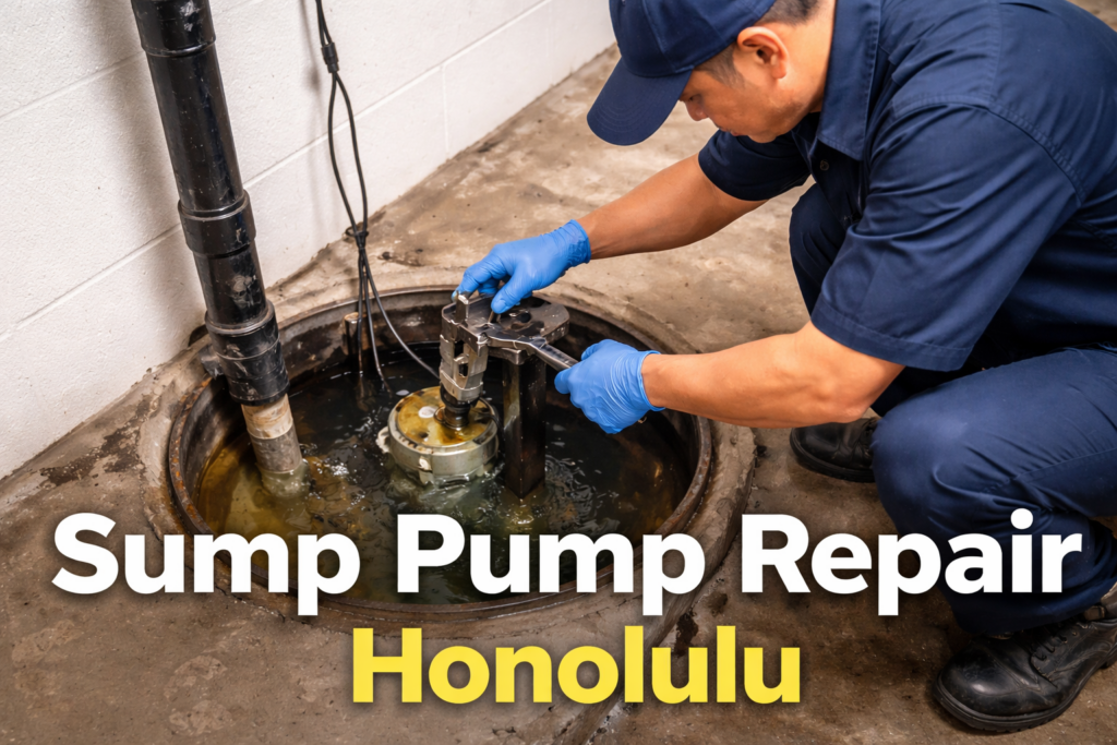 Technician servicing a sump pump to reduce flood risk