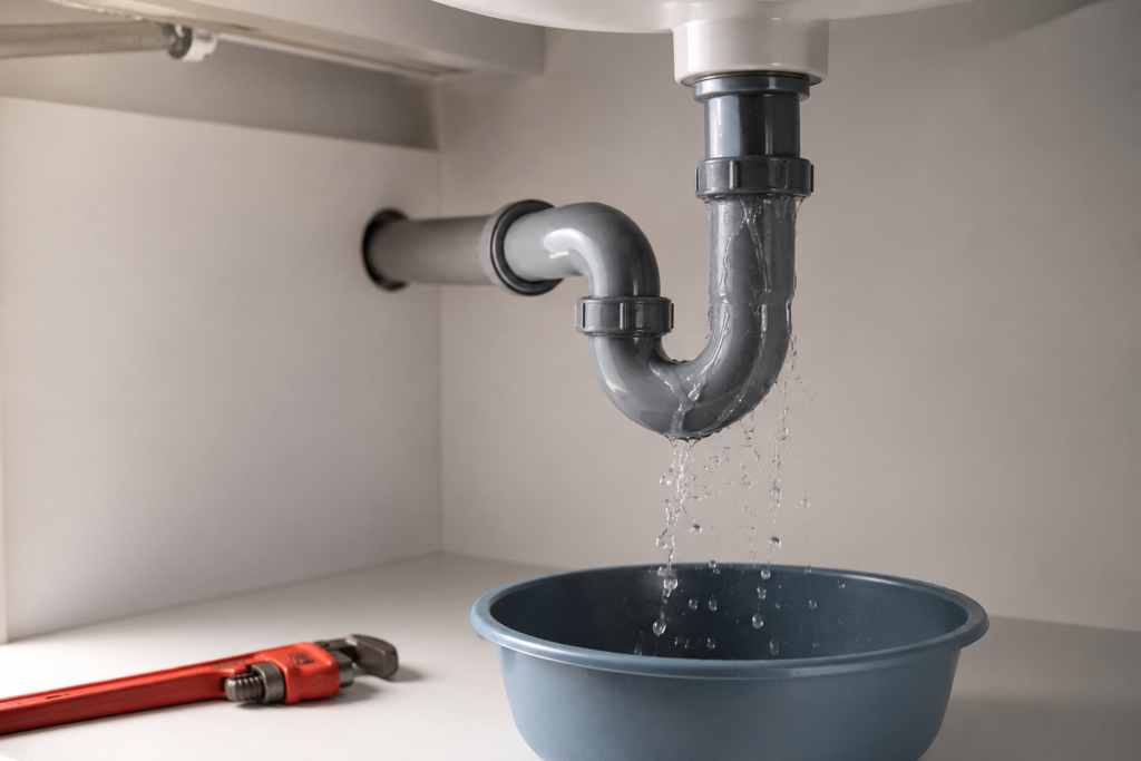 Small leak beneath a kitchen sink in an Oʻahu home