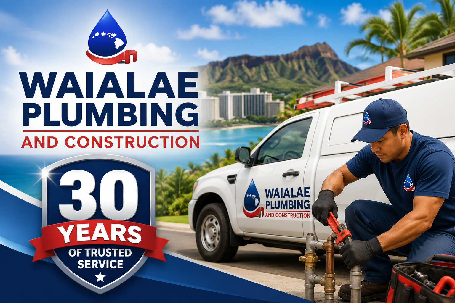 Waialae Plumbing service truck overlooking Honolulu and Diamond Head