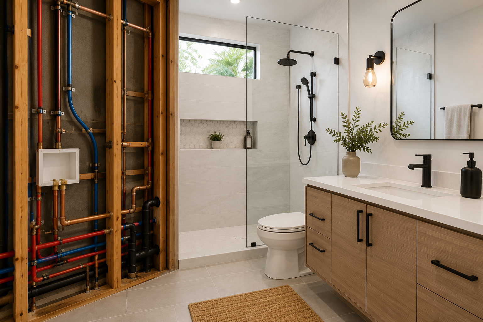 Newly renovated bathroom with updated plumbing fixtures