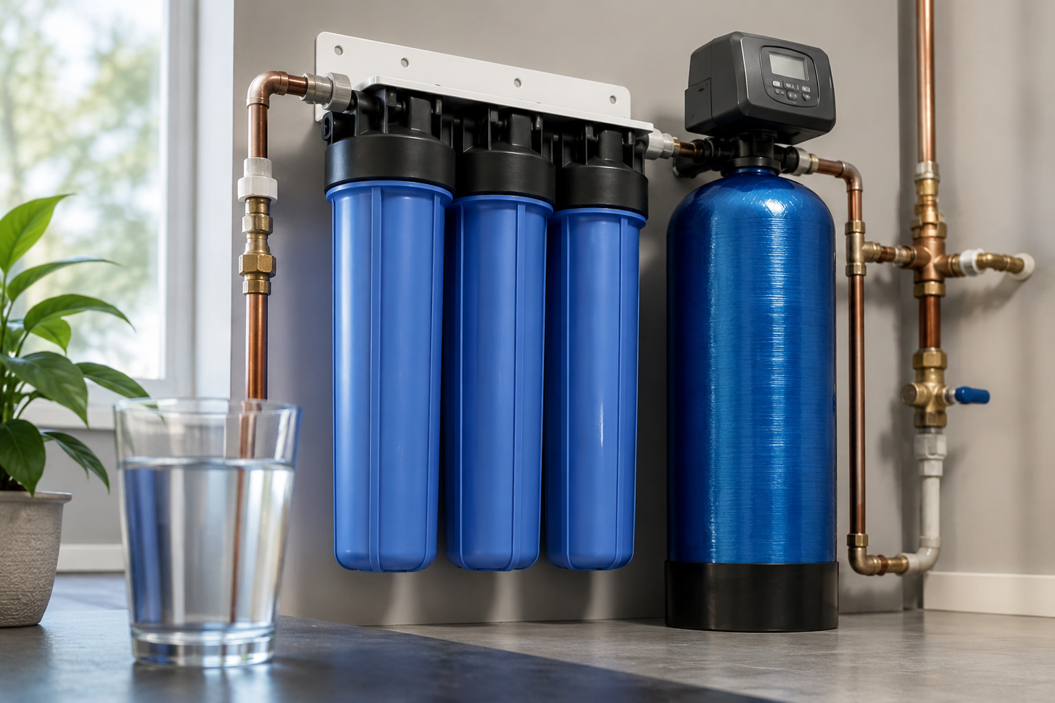 Whole-house water filtration system in a residential utility room